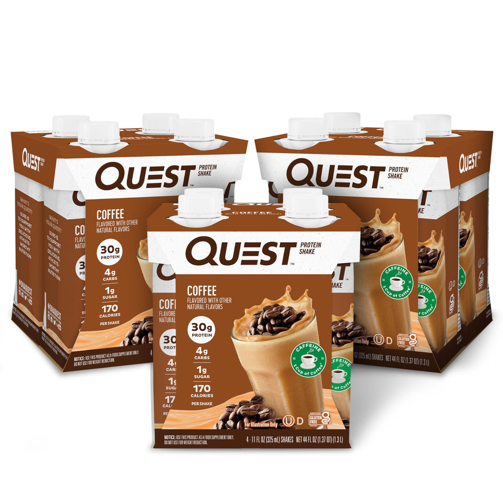 Quest botella frente mostrando el diseño y beneficio de proteína alta