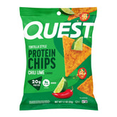 Quest front packaging showing 12-count box and chili lime branding, convenient protein snack