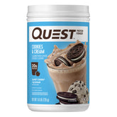 Quest canister front view showing cookies and cream flavor and protein per scoop