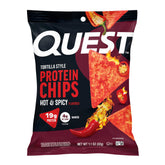 Quest paquete frontal Hot & Spicy mostrando diseño y porciones, atrayente y práctico