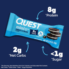 Quest mini cookies & cream barra desenvuelta con textura suave y masticable