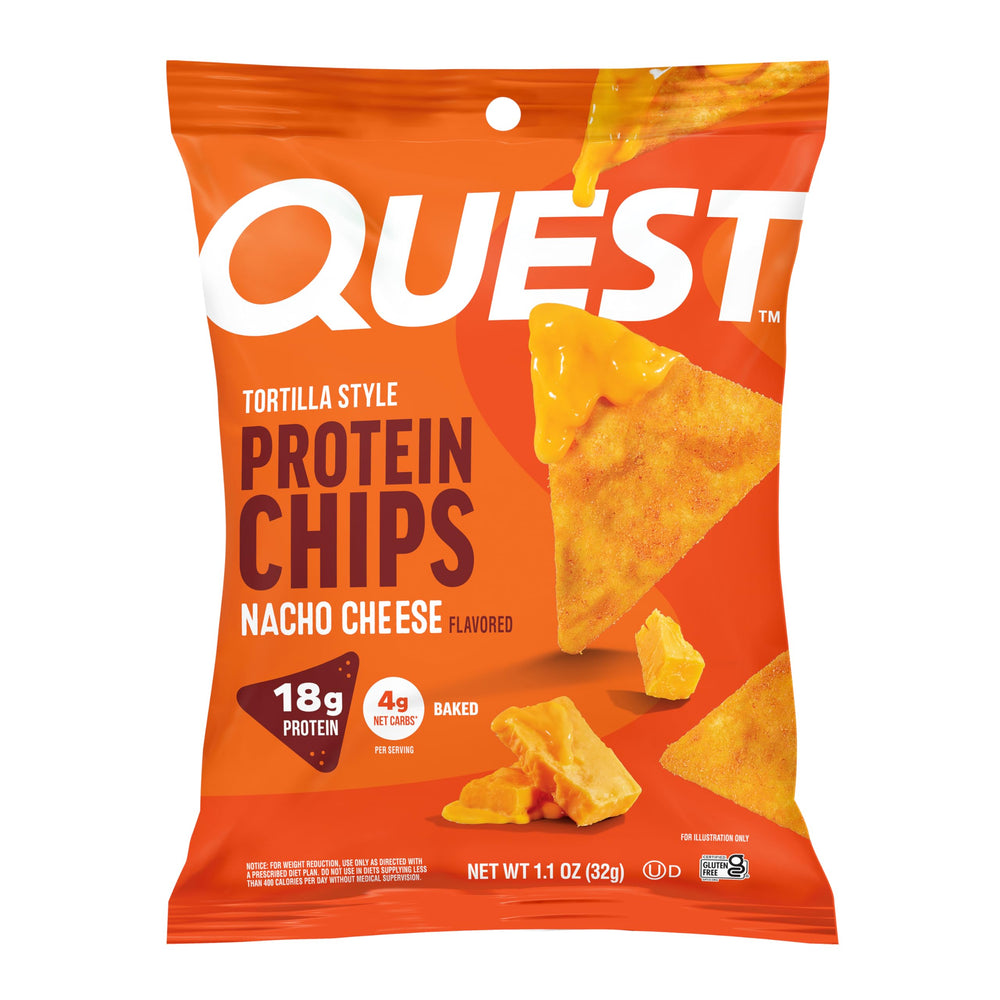 Quest 12-count box front view showing single-serve nacho cheese chips and convenience