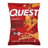 Quest paquete frontal mostrando sabor pizza y porción individual, conveniente y proteico