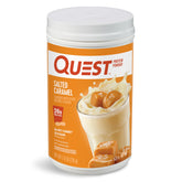 Quest vista frontal del envase mostrando sabor caramelo salado y beneficios