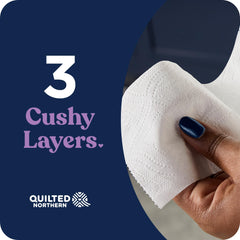 Quilted Northern rollo en uso en baño, sensación cómoda y resistente