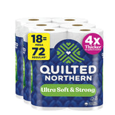 Quilted Northern frente del paquete mostrando 18 mega rollos y ahorro