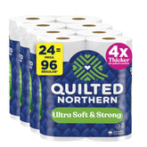 Quilted Northern empaque frontal mostrando 24 mega rollos y ahorro