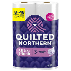 Quilted Northern vista frontal del paquete con 8 rollos, conveniencia prolongada