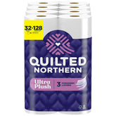 Quilted Northern Ultra Plush paquete frontal mostrando 32 Mega Rolls y ahorro