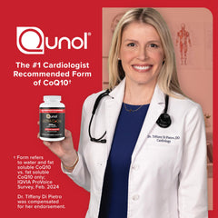 Qunol botella abierta con softgels alrededor que muestra cantidad disponible