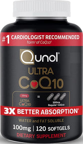 Qunol frasco frontal mostrando 120 softgels y beneficio de absorción mejorada