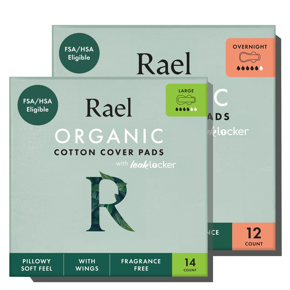 Rael empaque frontal Large y Overnight mostrando conteo y beneficios