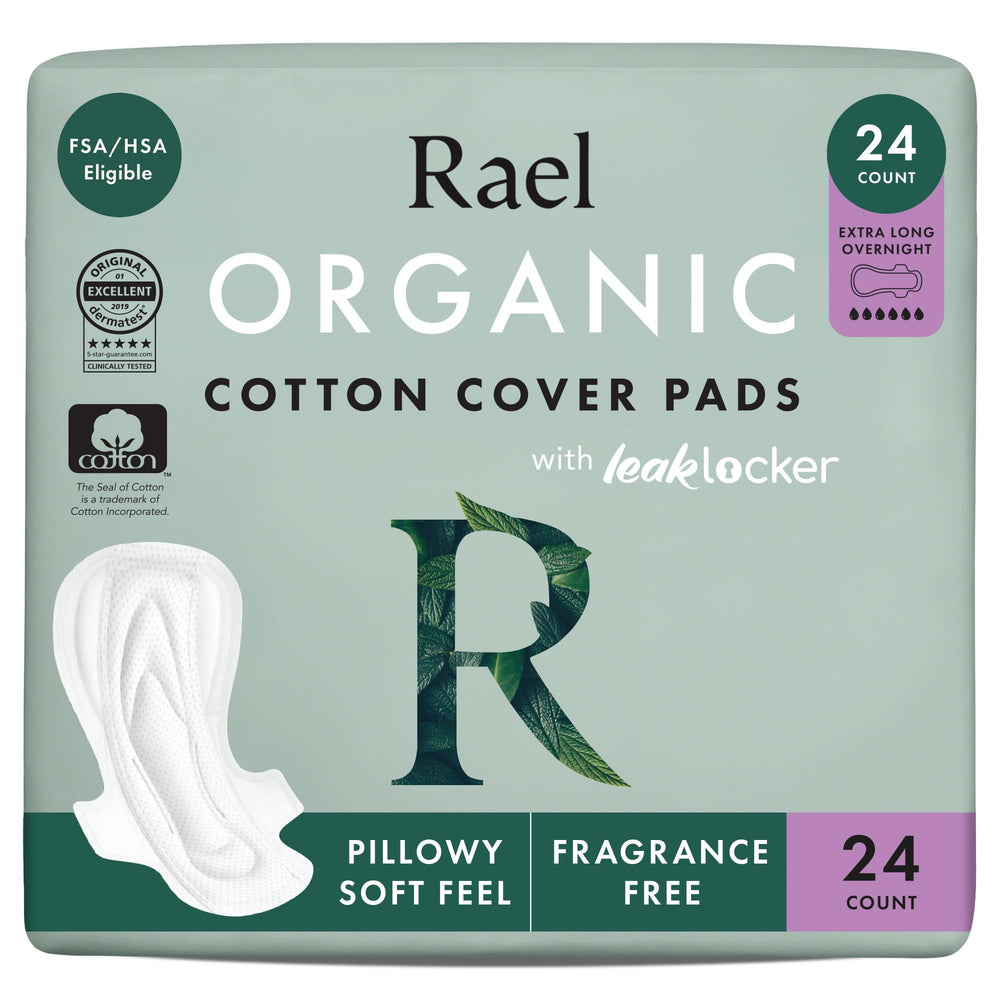 Rael XL overnight pack front view showing count and organic cotton benefit