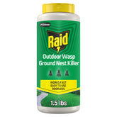 Raid lata frontal mostrando el polvo insecticida y diseño práctico