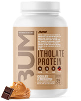 RAW envase frontal mostrando sabor chocolate cacahuete y 25 raciones