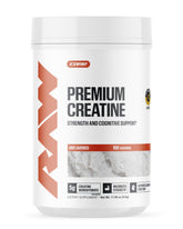 RAW creatine monohydrate envase frontal mostrando 100 servicios y pureza