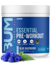 RAW Essential Pre vista frontal del envase mostrando sabor Blue Raspberry y 30 servicios