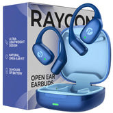 Raycon auriculares open ear frontal en azul, audio claro y comodidad