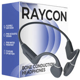 Raycon vista frontal del armazón gris mostrando ajuste ergonómico y comodidad