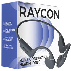 Raycon vista frontal del armazón gris mostrando ajuste ergonómico y comodidad