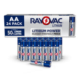 RAYOVAC vista frontal del pack de 24 pilas AA litio, ahorro y duración