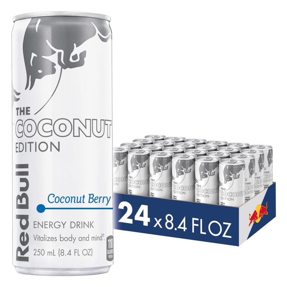 Red Bull lata Coconut Berry vista frontal mostrando el diseño y sabor