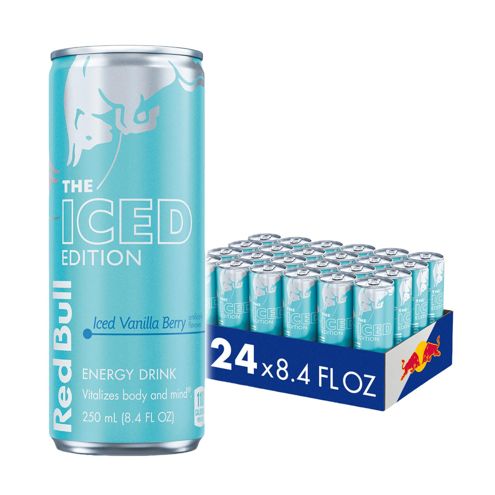 Red Bull lata frontal mostrando diseño Iced Vanilla Berry y atractivo refrescante