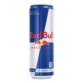 Red Bull lata frontal 16 fl oz mostrando tamaño y diseño, útil para elegir bebida