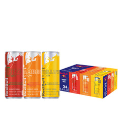 Red Bull pack frontal mostrando las 24 latas y variedad de sabores, conveniente para eventos
