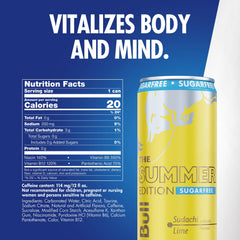Red Bull etiqueta lateral con información de ingredientes y beneficios energéticos