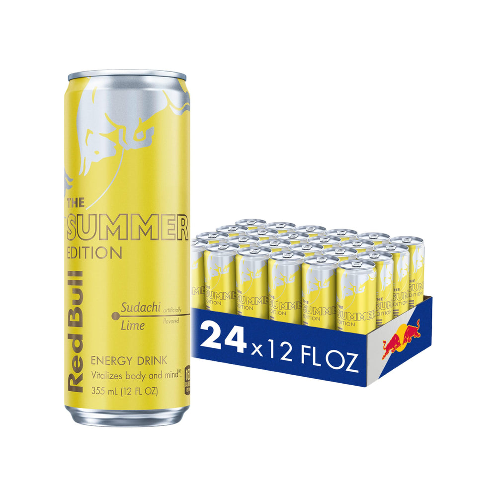 Red Bull lata Summer Edition frente mostrando diseño y sabor sudachi lime, refrescante