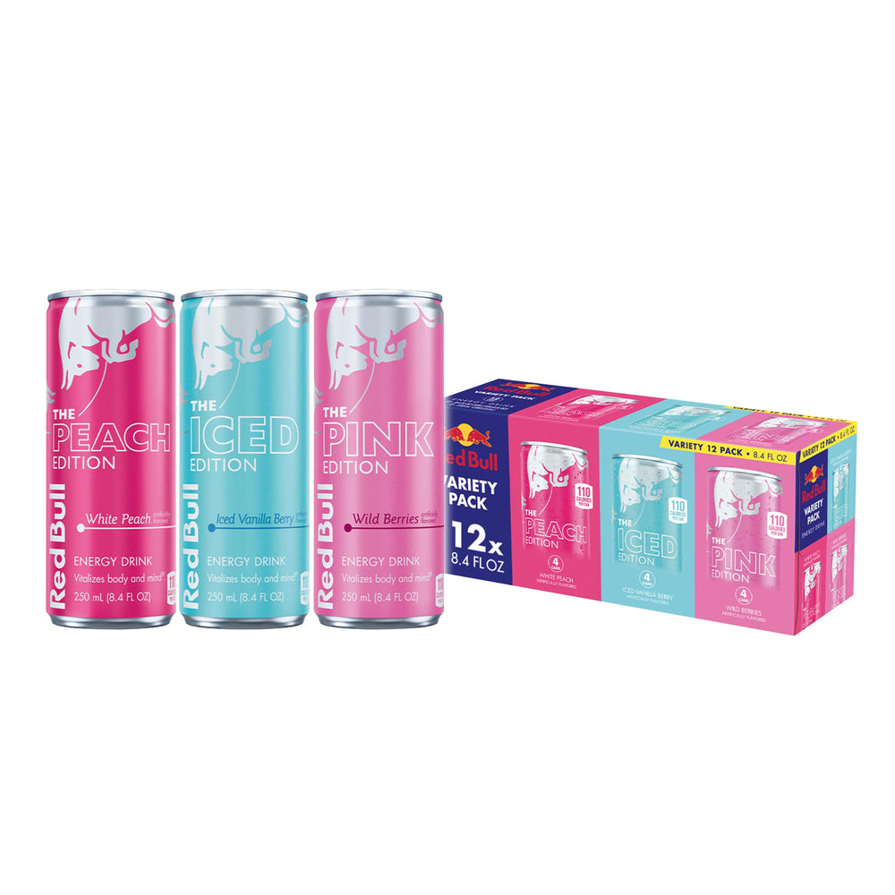 Red Bull variedad pack frontal mostrando las tres ediciones y conveniencia