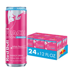Red Bull White Peach lata frontal mostrando diseño y sabor melocotón