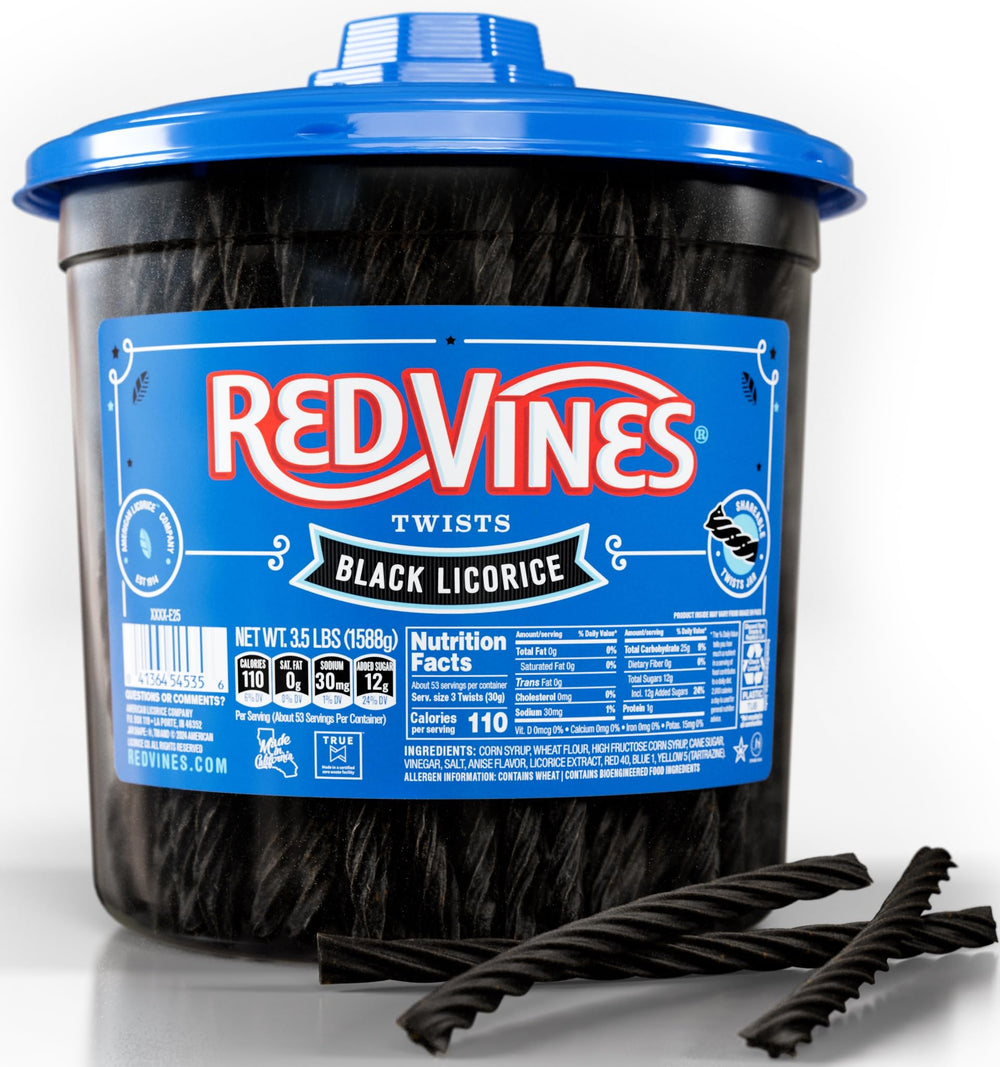 Red Vines frasco frontal mostrando twists de regaliz negro y facilidad para compartir