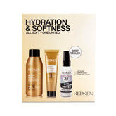 Redken front packaging del set mini mostrando los tres productos y beneficio hidratación