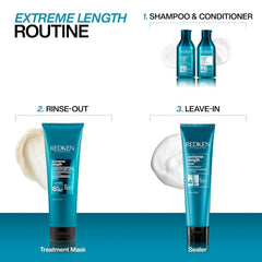 Redken Extreme Length junto a una regla para comparar tamaño de 10.1 Fl Oz