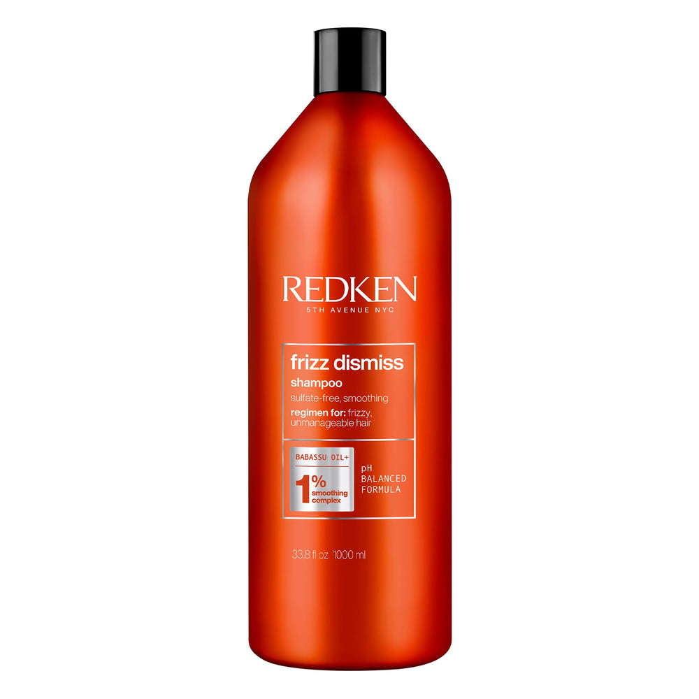 Redken Frizz Dismiss frente del envase mostrando tamaño y diseño, promueve control anti-frizz
