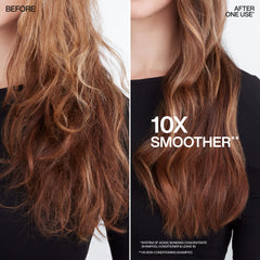 Redken puntas selladas antes y después mostrando menos puntas abiertas