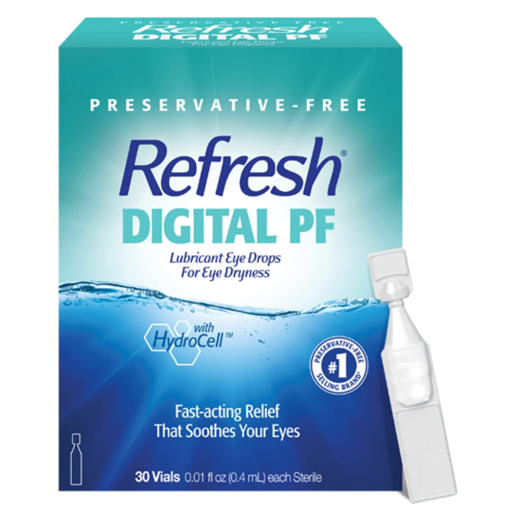 REFRESH envase frontal y pack mostrando 30 viales, conveniencia portátil