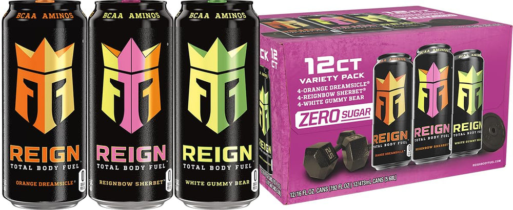 REIGN pack frontal de 12 latas mostrando variedades y conveniencia