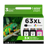 Relcolor 63XL vista frontal del pack con 2 negros y 1 tricolor, ahorro y rendimiento