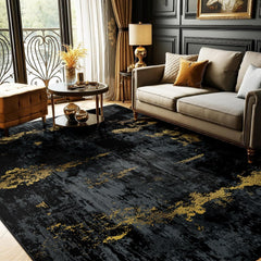 RELEANY vista frontal de la alfombra 5'x7' con diseño negro dorado, añade elegancia