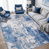 RELEANY vista frontal de alfombra 5x7 con estampado azul gris y estilo moderno