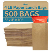 Reli. front pack of 500 brown paper bags showing label and quantity for convenience