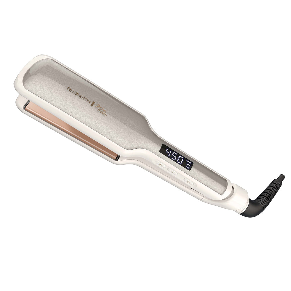 Remington plancha frontal mostrando diseño y placas anchas, acabado profesional