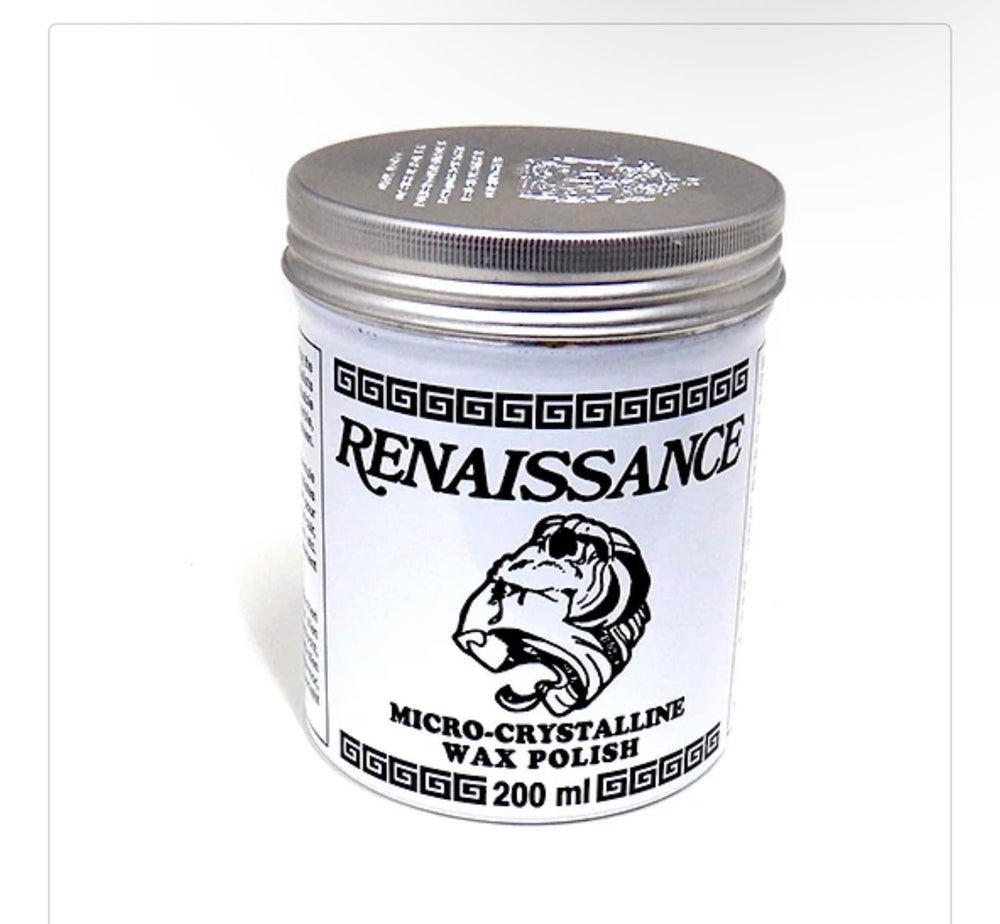 Renaissance Wax frasco delantero mostrando etiquetado y beneficio protector