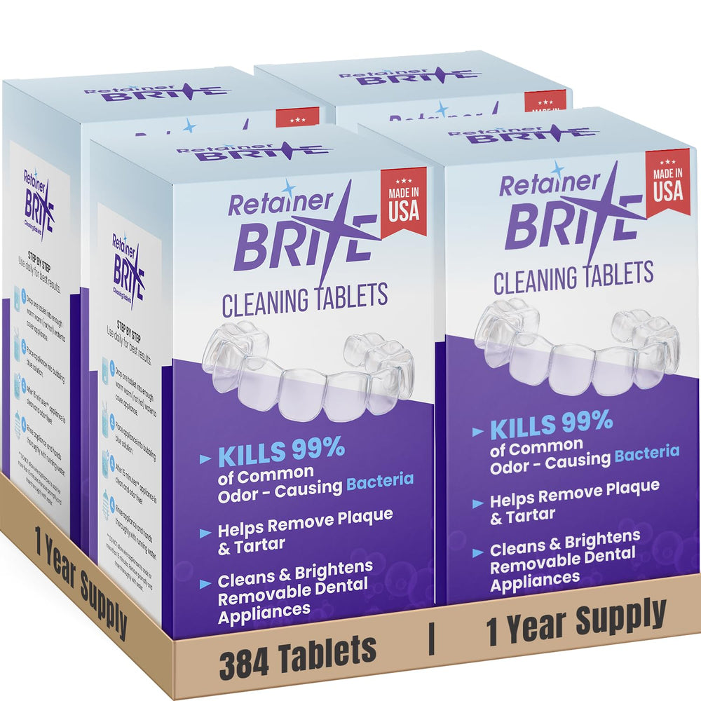 Retainer Brite empaque frontal mostrando cantidad y suministro anual