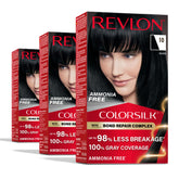 Revlon paquete frontal mostrando kit Colorsilk 10 Black y beneficio cobertura completa
