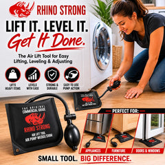 Rhino Strong large wedge beside a tape measure for scale, illustrating large lift capacity and range