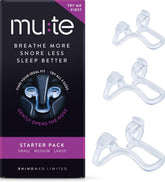 Rhinomed Mute vista frontal del estuche y dilatadores, fácil selección de talla
